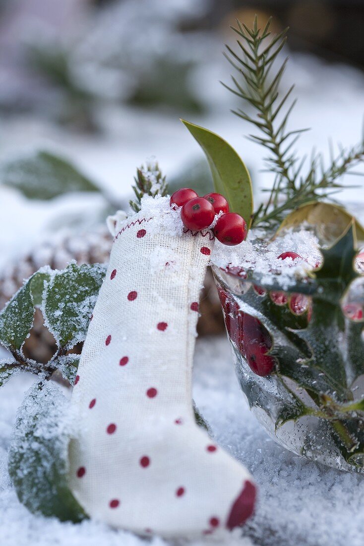 Christmas stocking with Christmas decorations