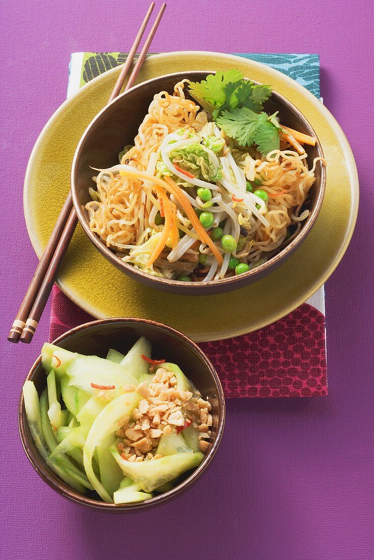 Fried Asian noodles and cucumber salad