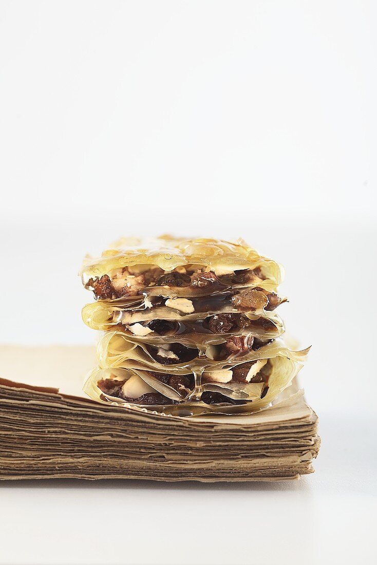 Plum and nut millefeuille with filo pastry