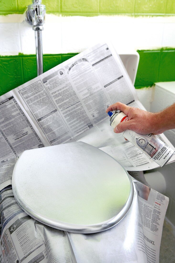 Spraying a toilet lid with silver paint