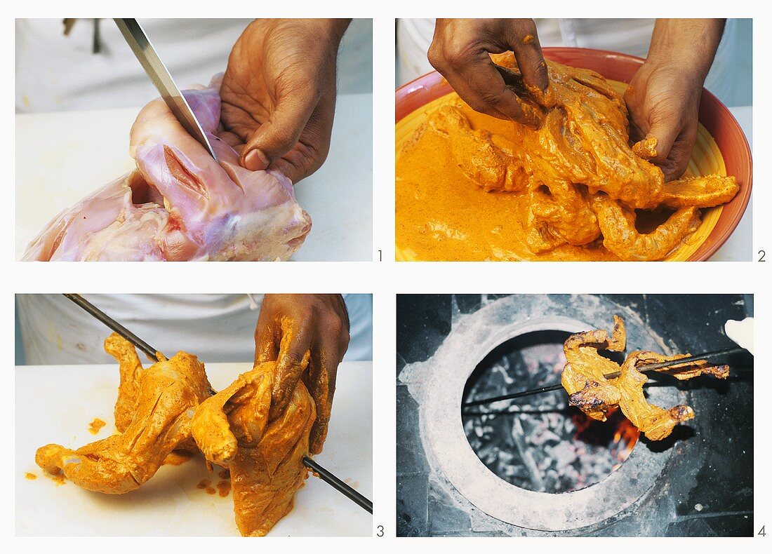 Making tandoori chicken (seasoning, threading on skewer)