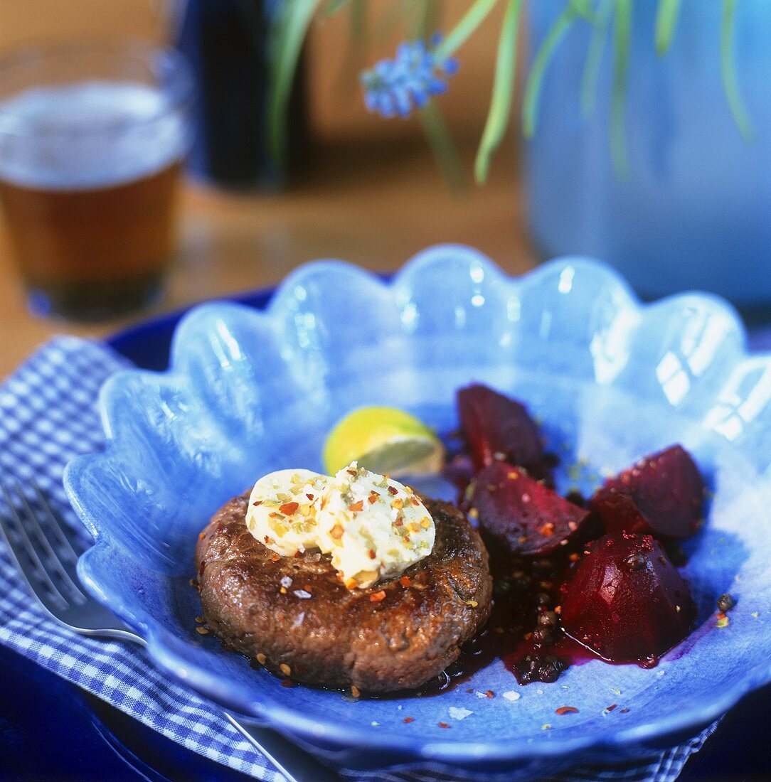 Fillet steak with spiced butter and beetroot