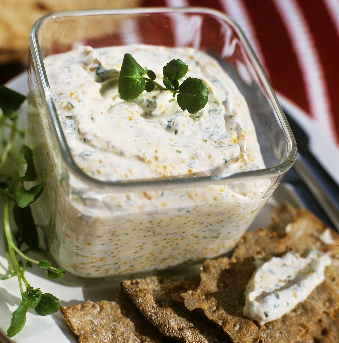 Kräuterquark mit Brunnenkresse und Senfkörnern & Knäckebrot