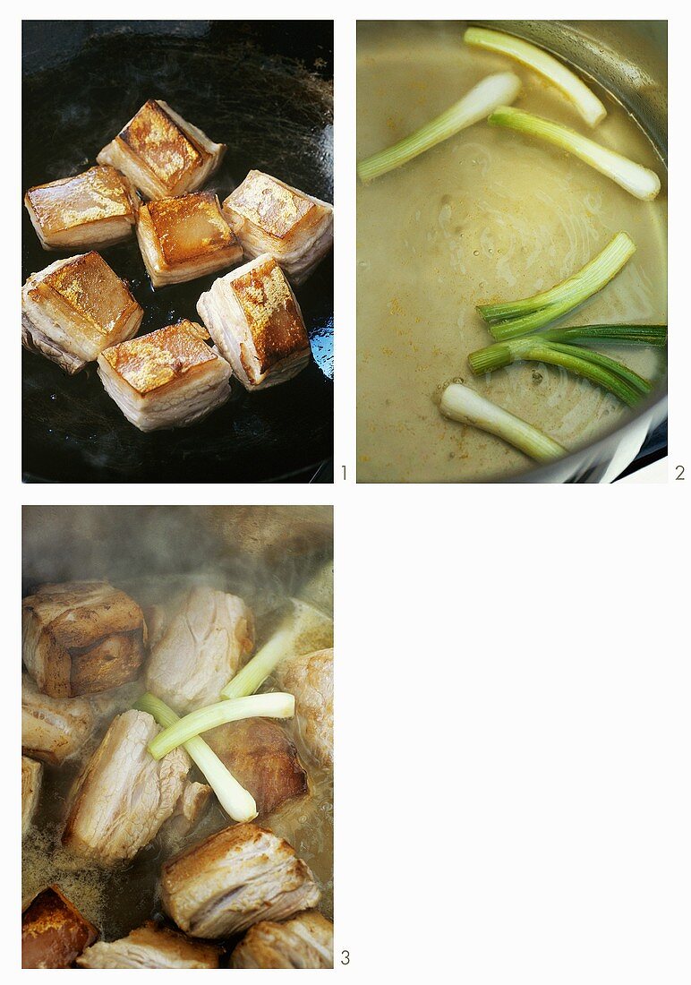 Preparing braised belly pork with spring onions