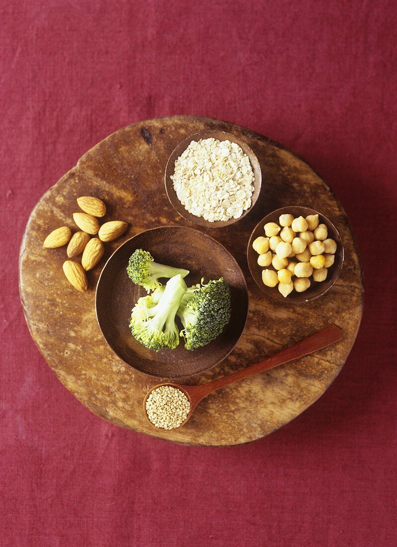 Sesame seeds, almonds, rolled oats, chick-peas & broccoli