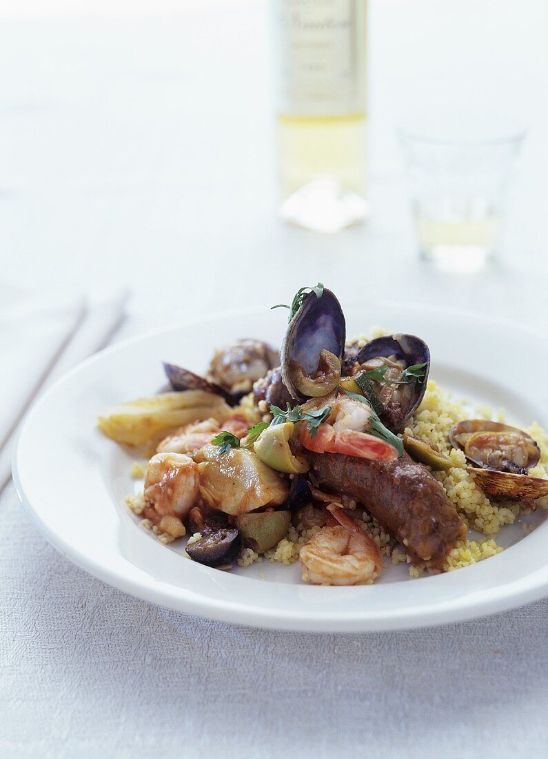 Couscous with seafood and Merguez sausage