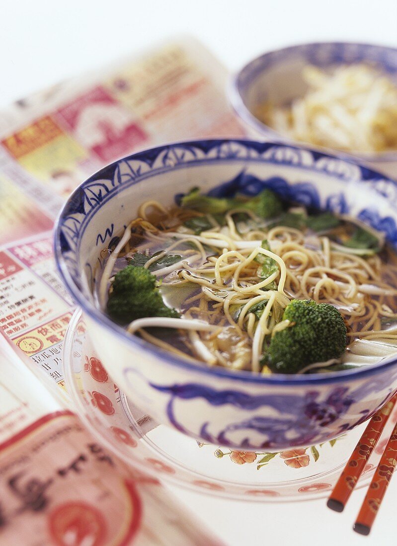 Asian noodle soup with broccoli