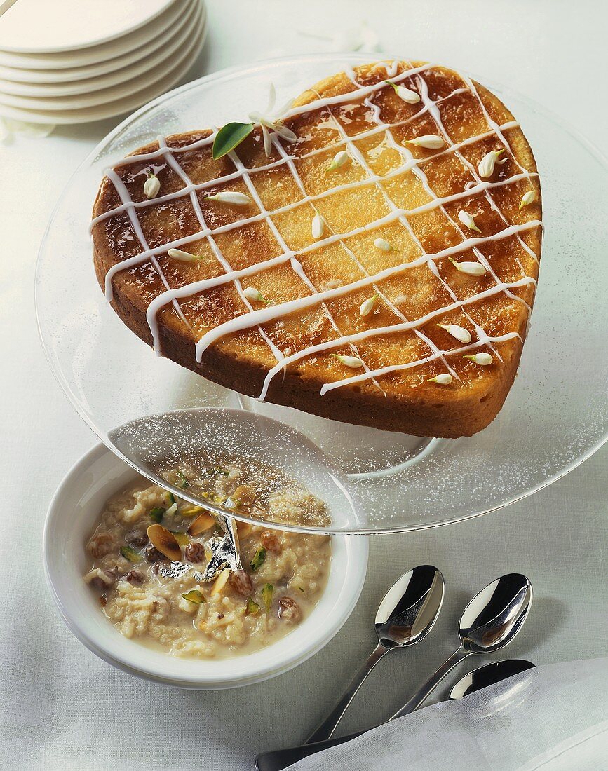 Heart-shaped lemon cake and rice pudding