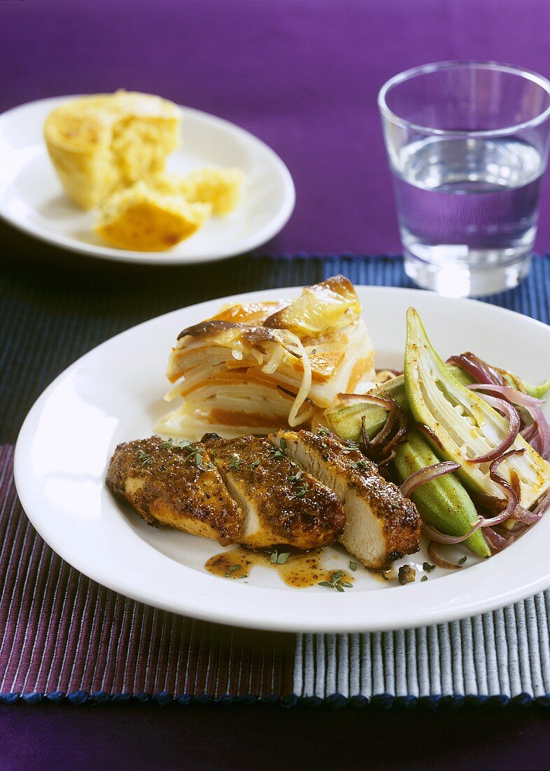 Turkey steak with okra and pumpkin & potato gratin