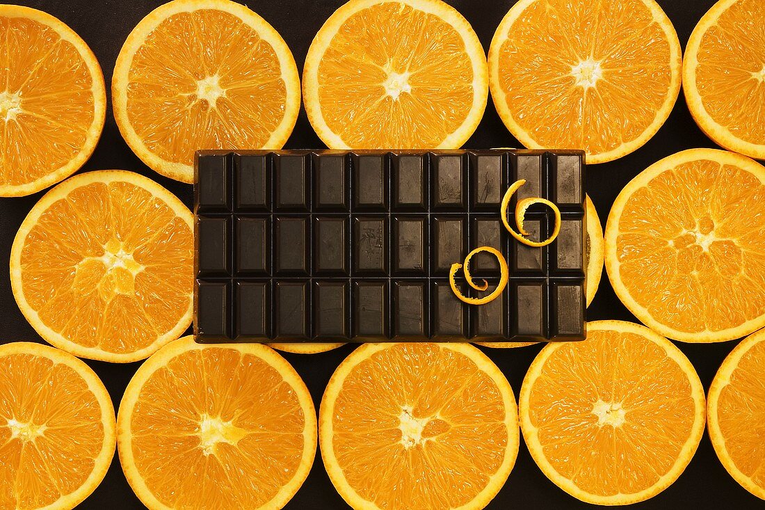 Bar of chocolate with slices of orange