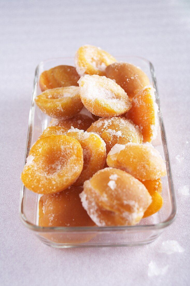 Dish of frozen apricots