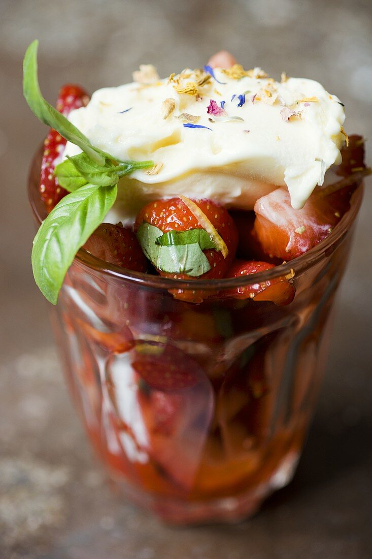 Marinated strawberries with basil and vanilla ice cream