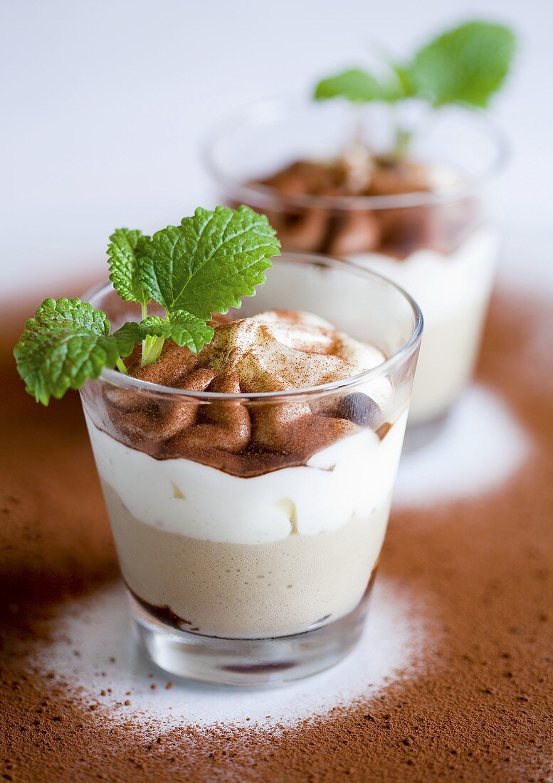 Chocolate cream in two glasses with mint and cocoa powder