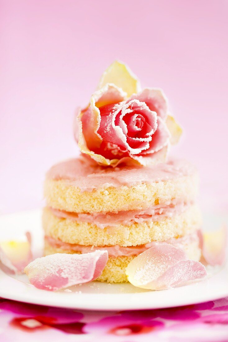 Small sponge cake with yoghurt cream and rose