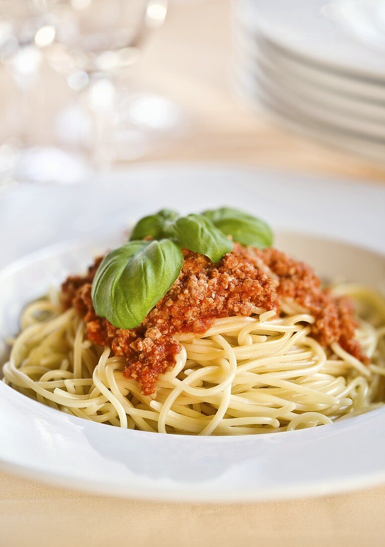 Spaghetti Bolognese mit Basilikum