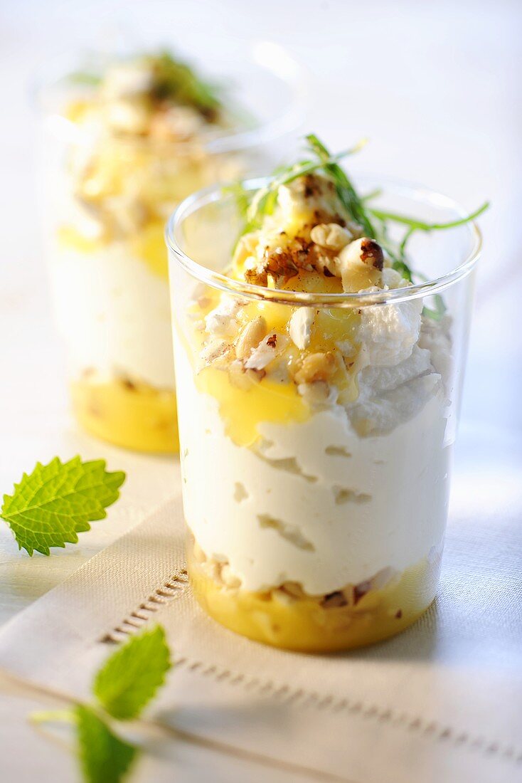 Quark cream with apple compote and nuts