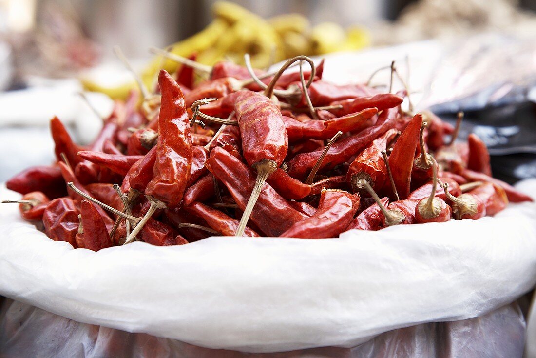 Dried chillies in a sack