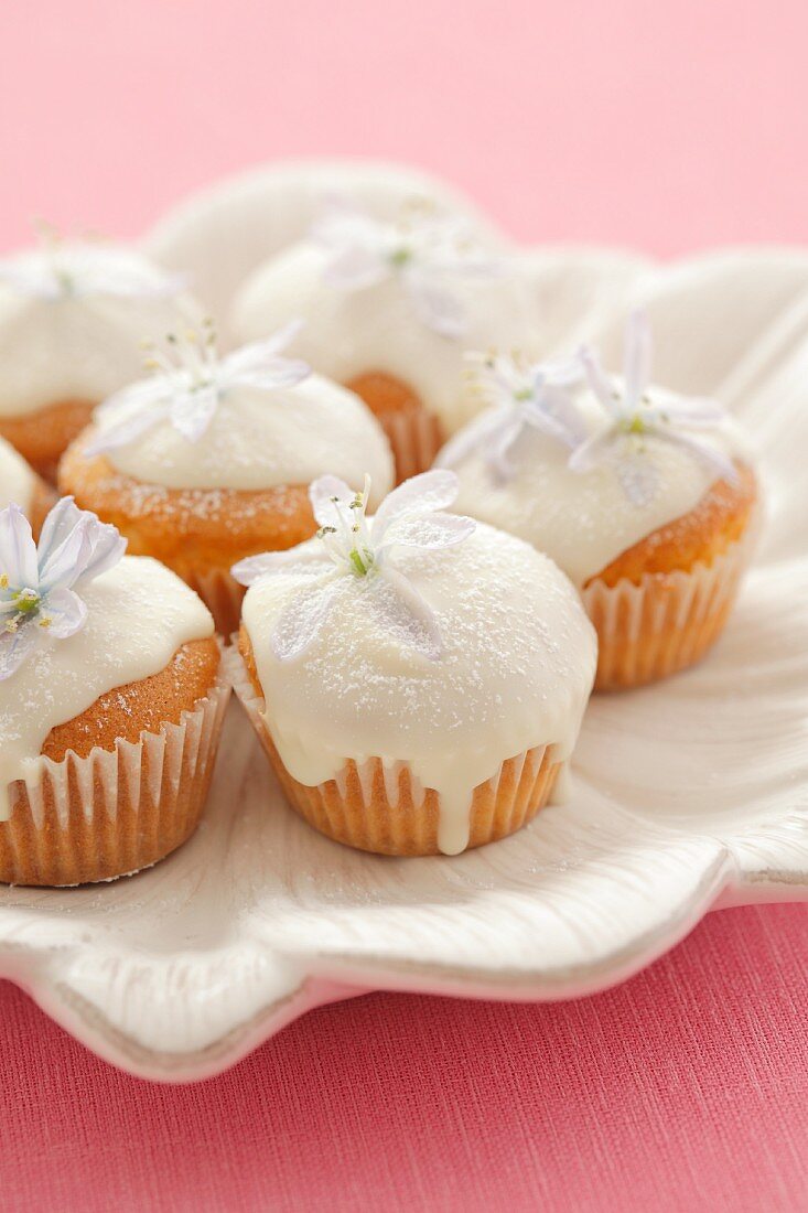 Mini Cupcakes mit weisser Schokoglasur und Blüten