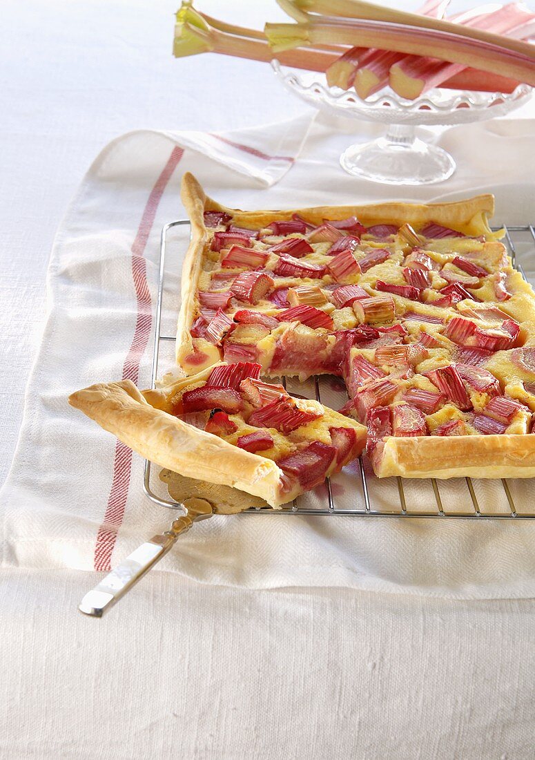 Rhubarb tart with pieces removed