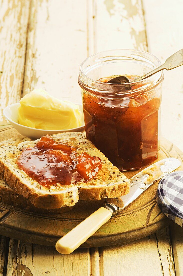 Buttered wholemeal toast with jam