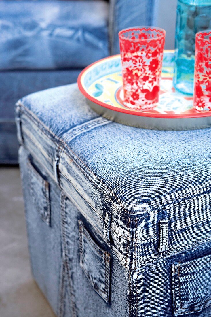 Upholstered furniture covered in jeans fabric