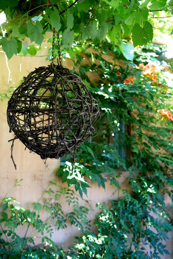 Woven willow ball hanging on pergola