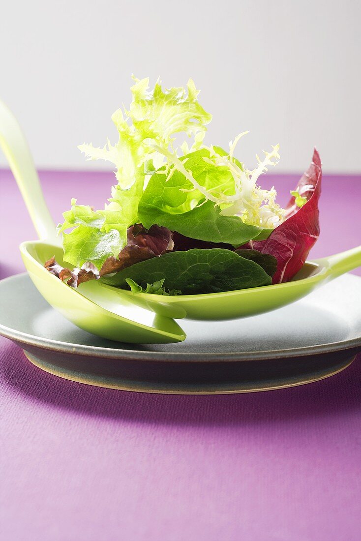 Mixed salad leaves on salad servers