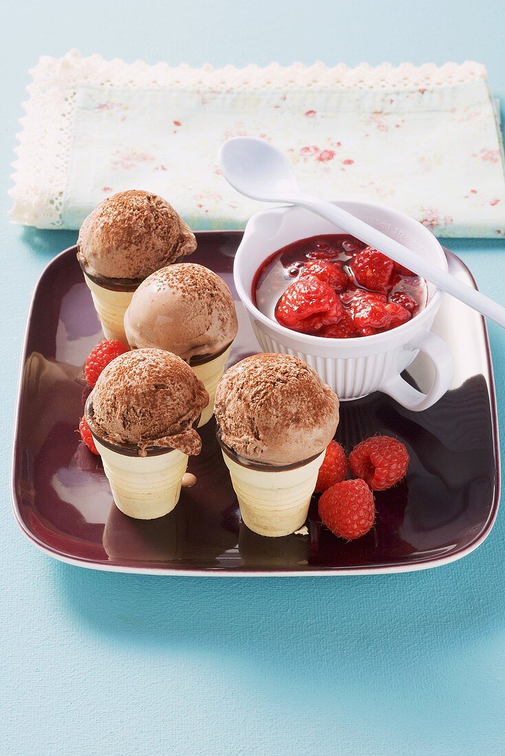 Cocoa ice cream with hot raspberries
