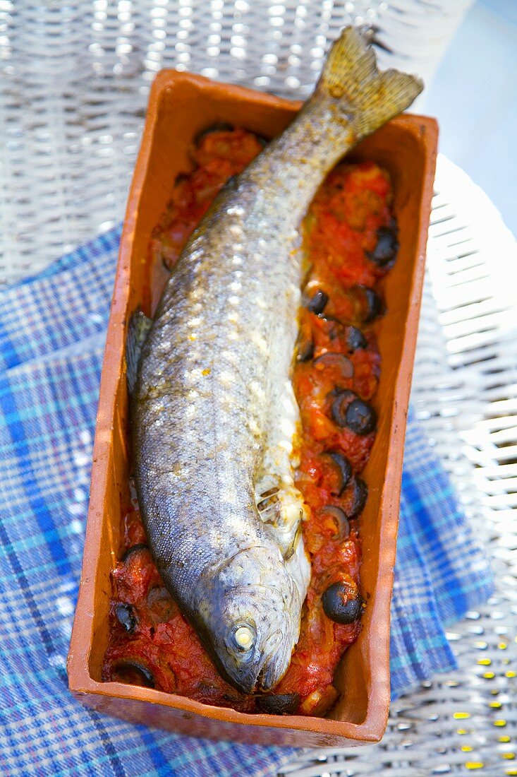 Riba na keremida (Forelle mit Tomatensauce, Bulgarien)