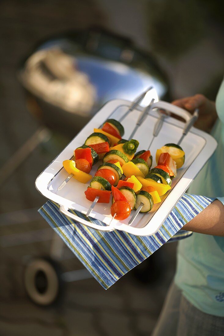 Vegetable skewers ready for grilling