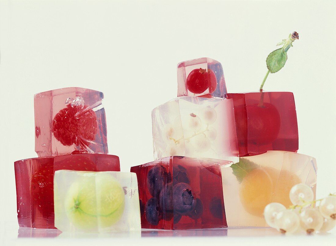 Cubes of jelly containing fruit