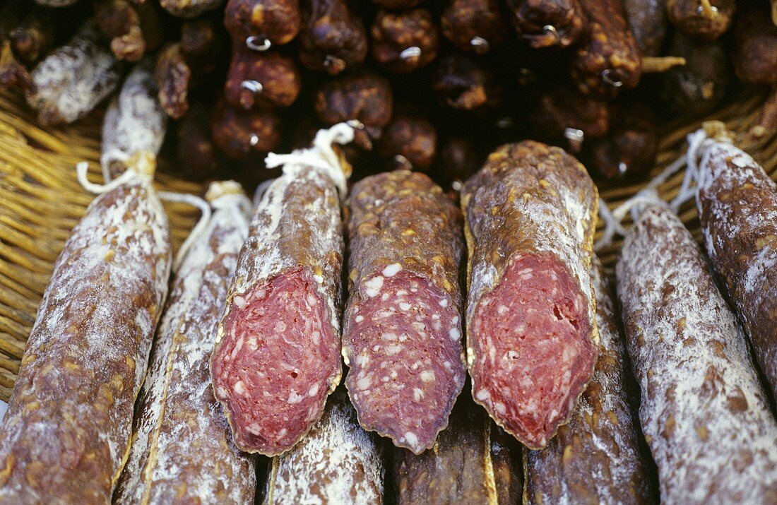 French salami on a market stall in Provence