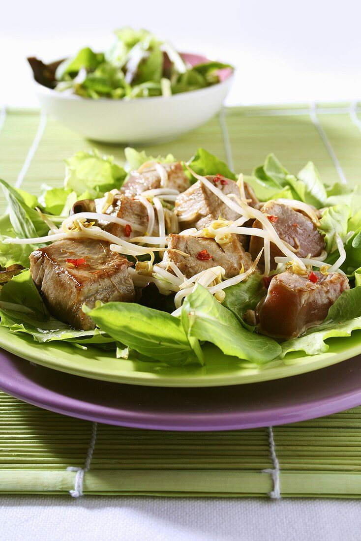 Tuna with sprouts on lettuce leaves