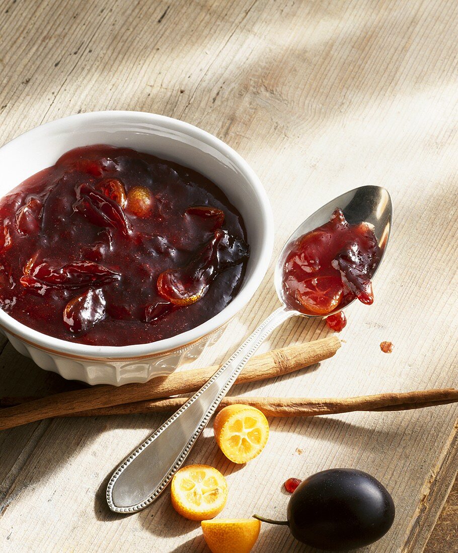 Spicy damson and kumquat confiture