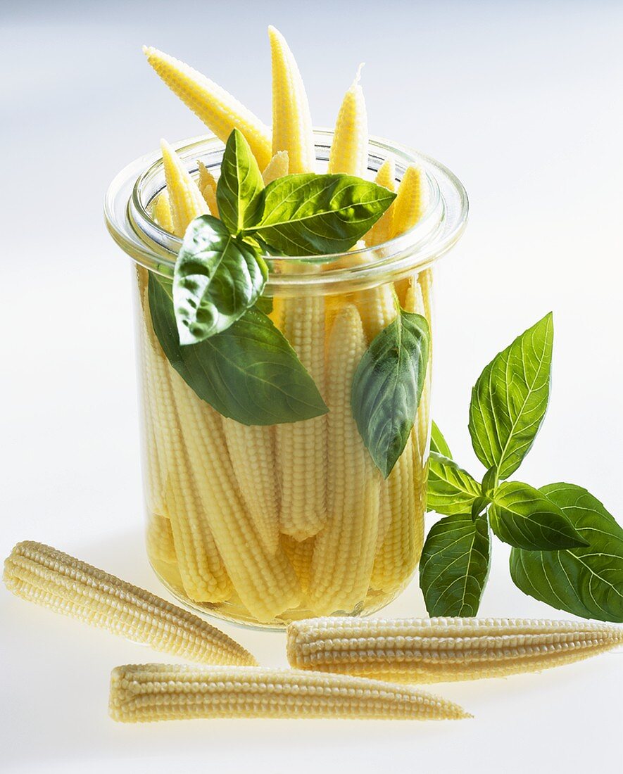 Pickled baby corn with basil