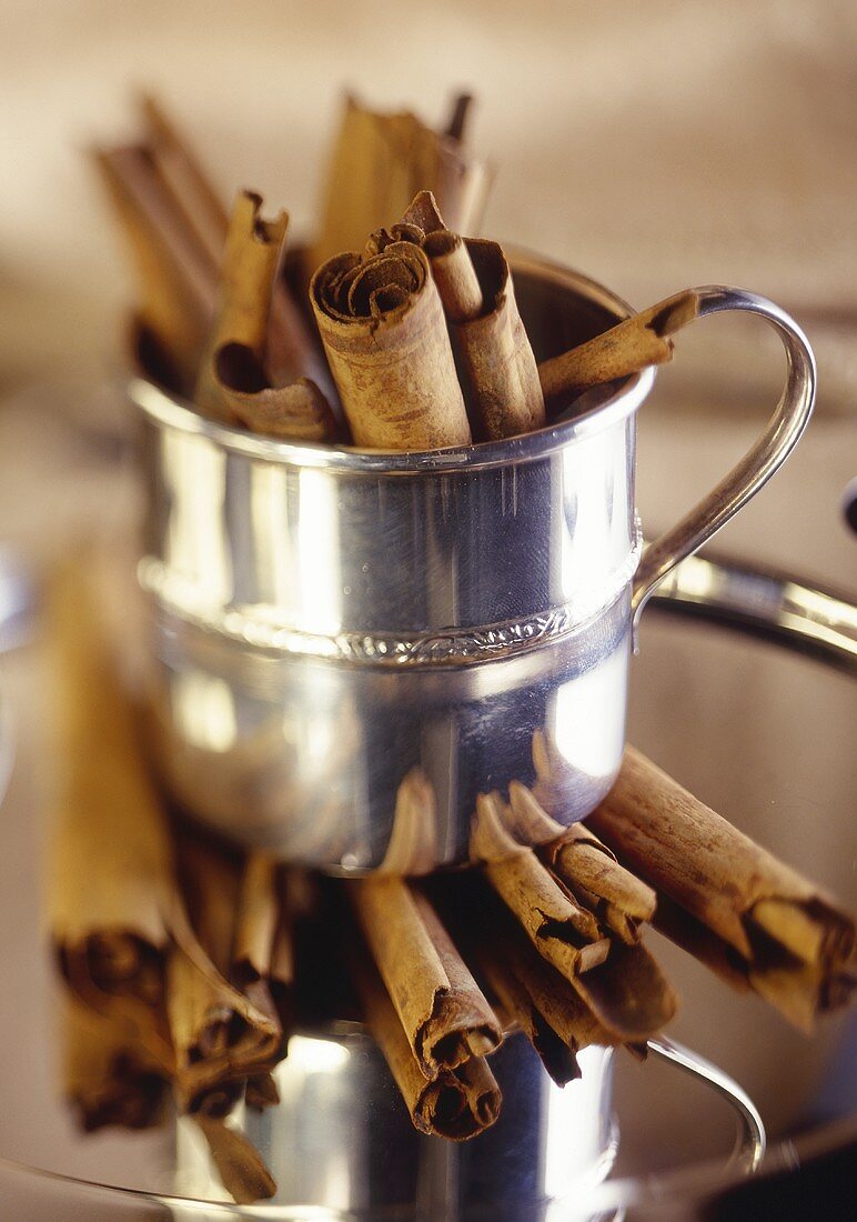Cinnamon sticks in a silver cup
