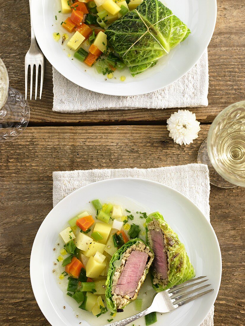 Savoy cabbage parcels with pork fillet & mushroom filling