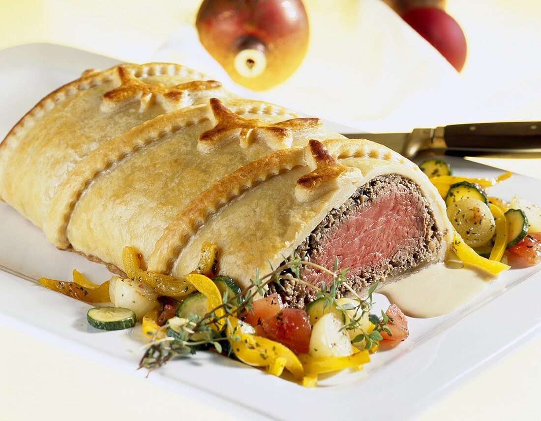 Filet Wellington with mixed vegetables