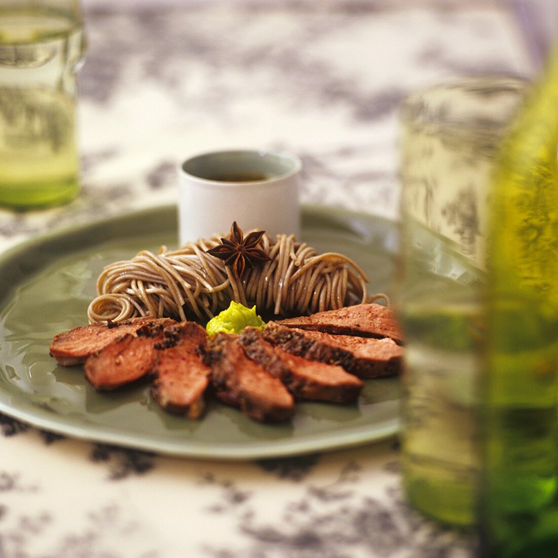 Steamed duck breast with soba noodles & spicy wasabi sauce
