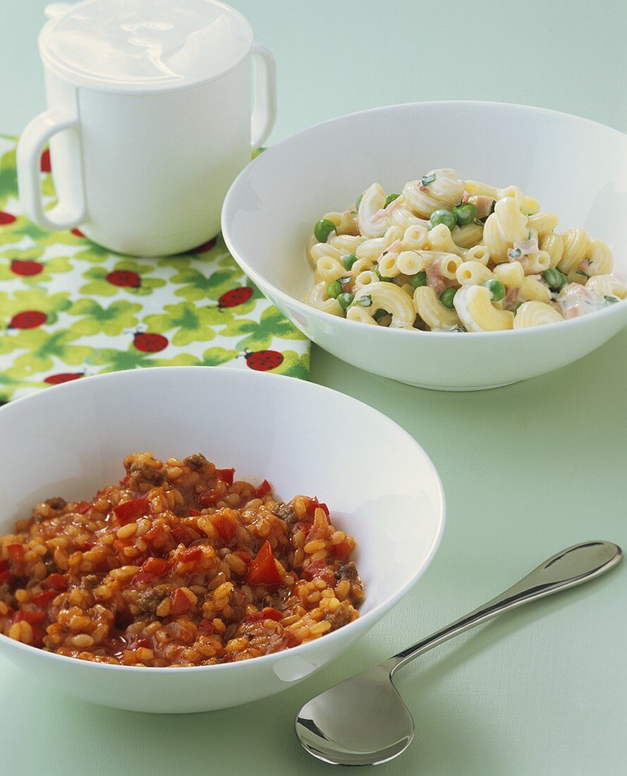 Mince risotto, pasta with peas and ham (for babies)