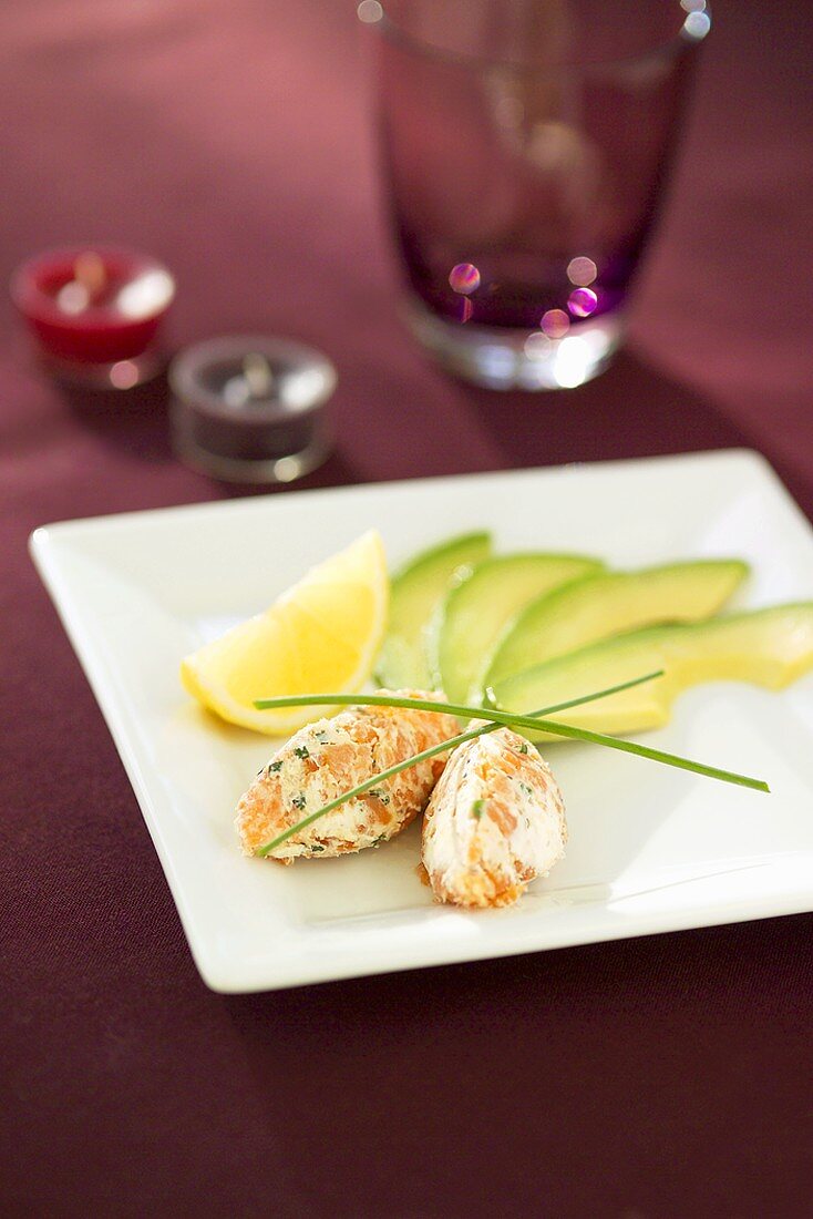 Avocado with smoked salmon and cream cheese mousse
