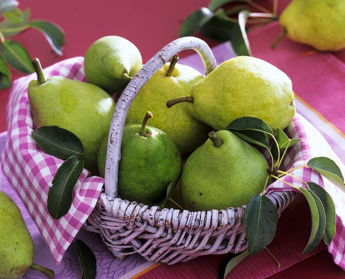 Pears and checked cloth in basket