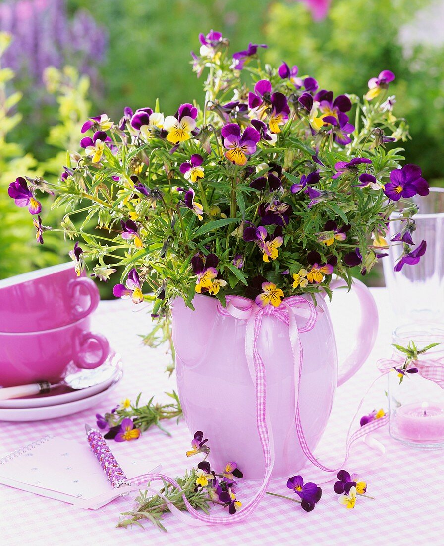 Horned violets in a jug, cups and windlight
