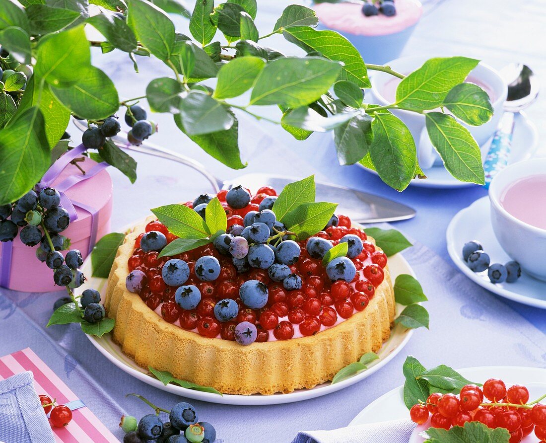 Summery redcurrant and blueberry flan