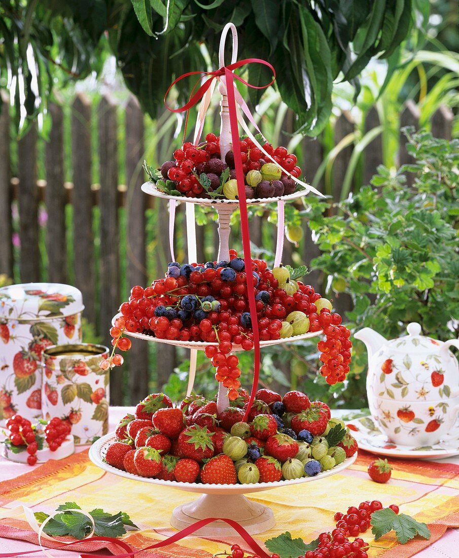 Various types of berries on tiered stand on garden table