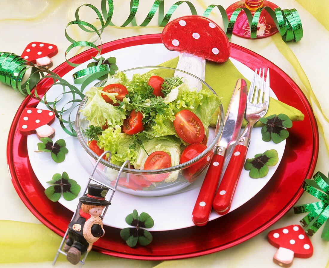 Plate of salad with New Year decorations