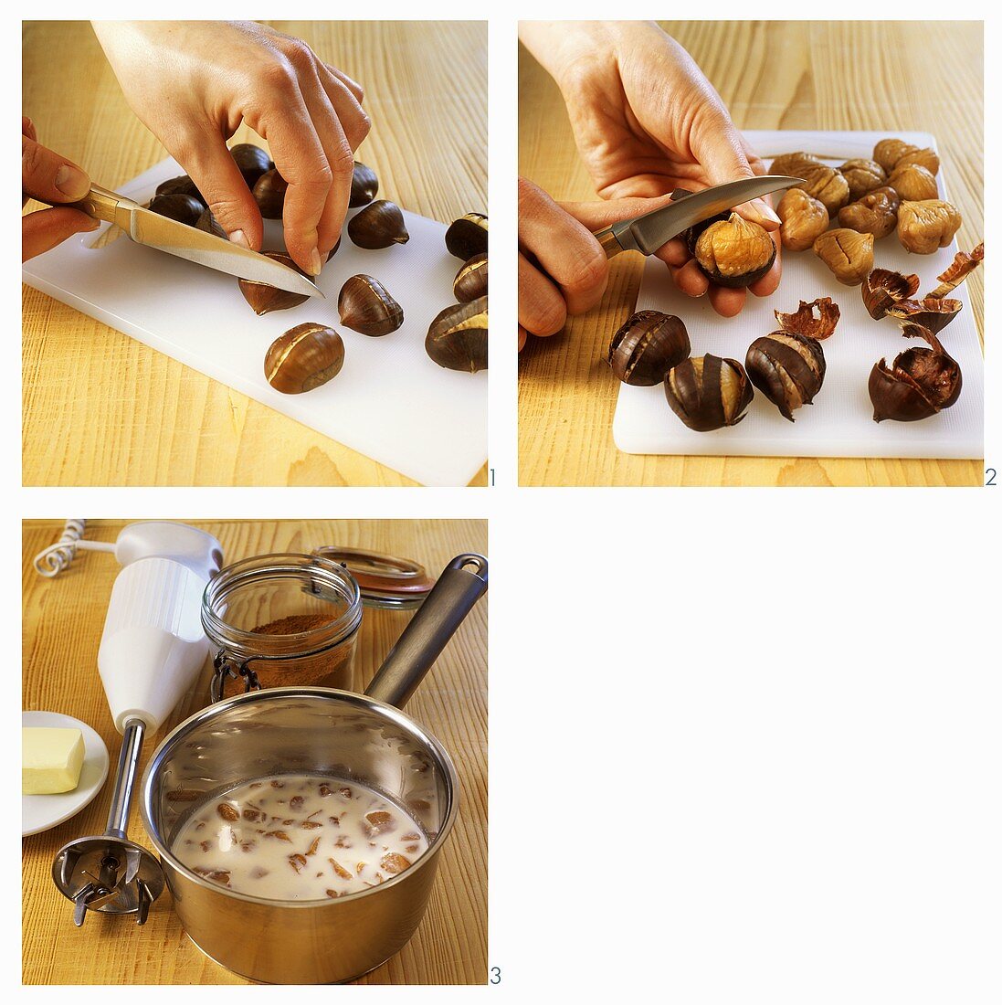Preparing chestnuts for chestnut cream with cinnamon