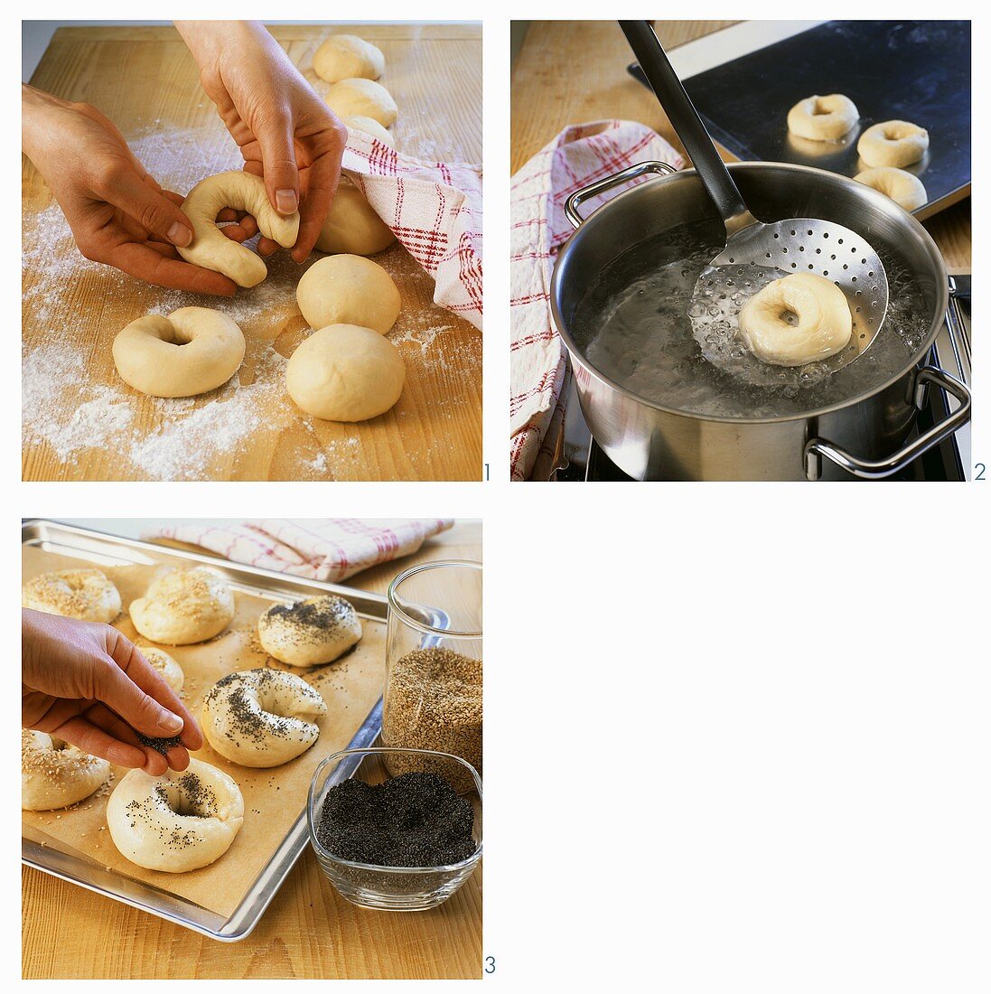 Shaping bagels, precooking and sprinkling with poppy seed