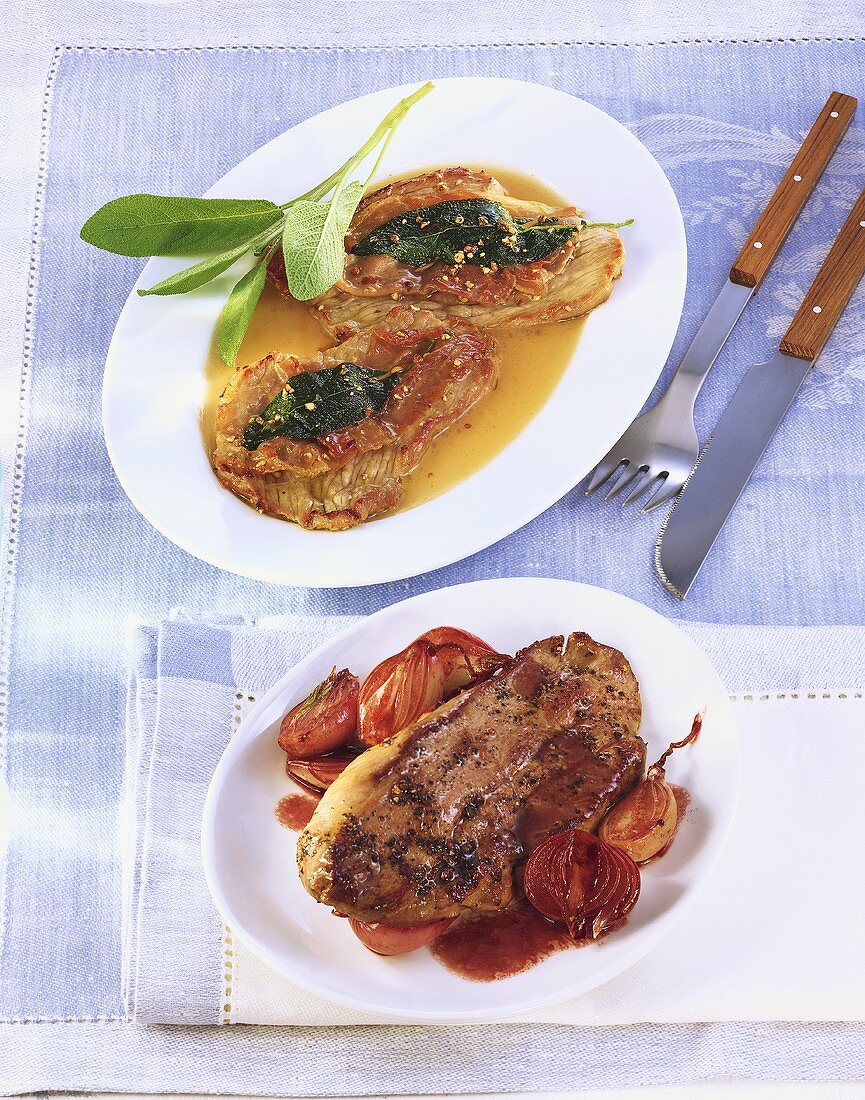 Saltimbocca & venison escalope with shallots in port wine