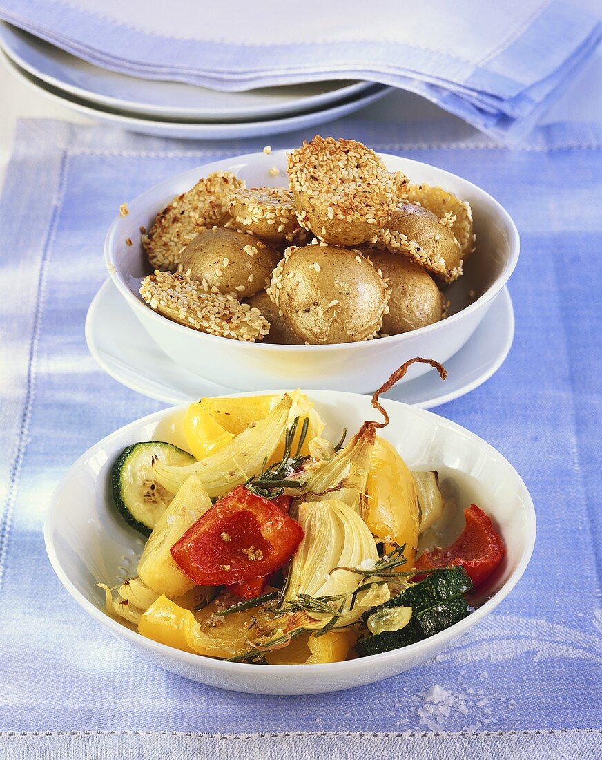 Baked vegetables, potatoes with sesame